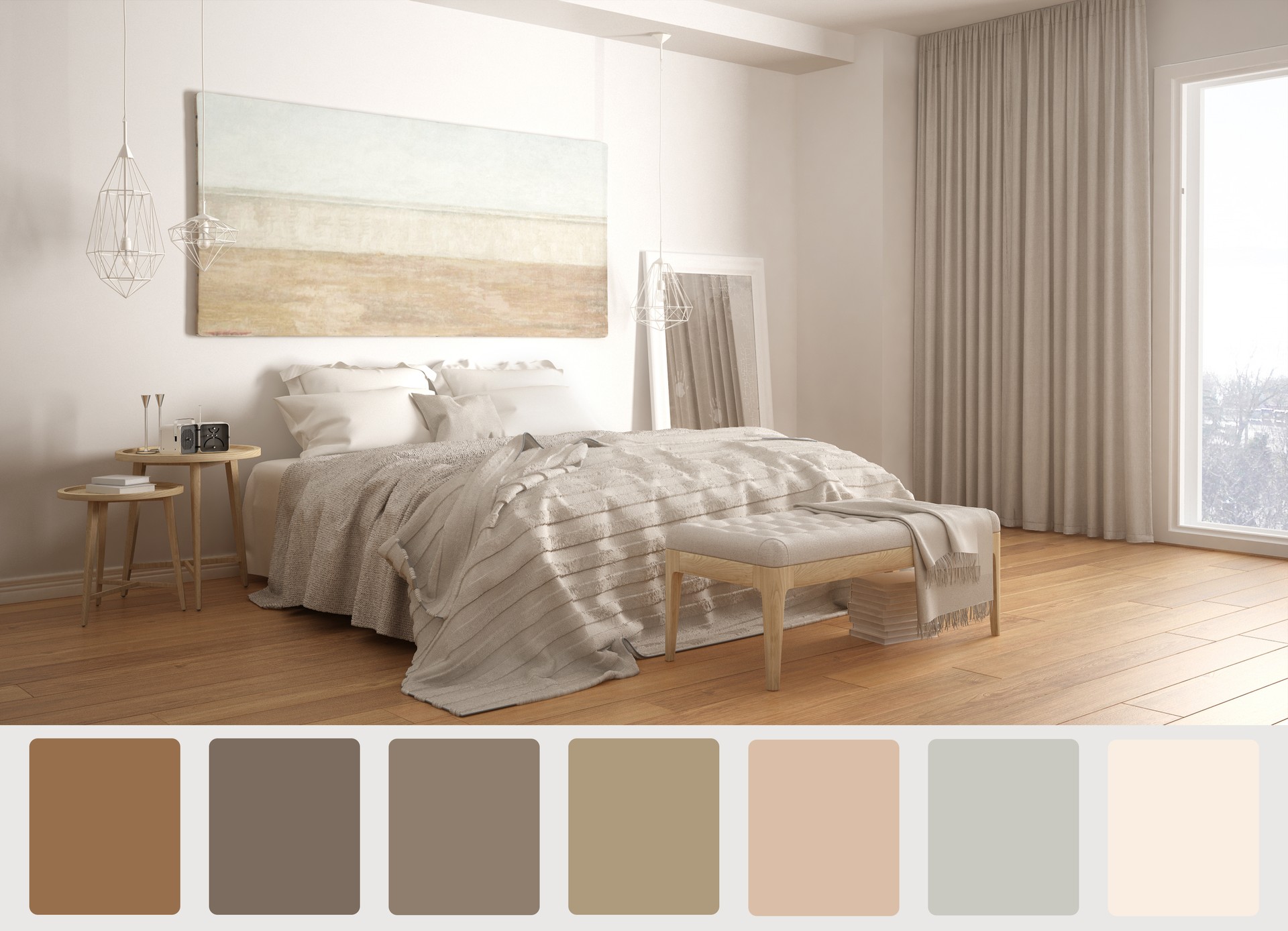 Interior design scene with palette color. Different colors and patterns. Architect and designer concept idea. Contemporary relaxing bedroom with double bed and blanket. Parquet