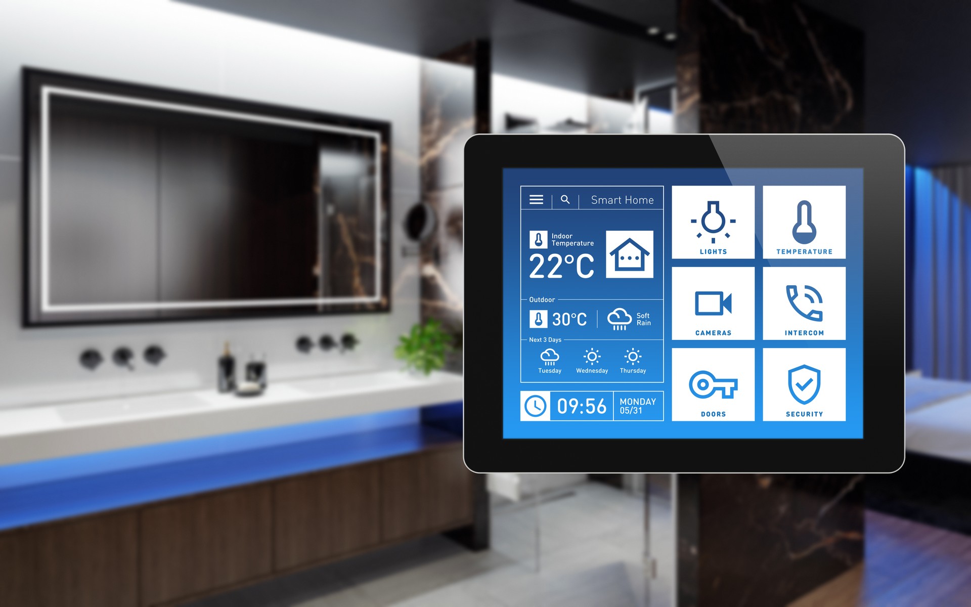 Smart Home Touch Screen device for home control with simple concept app design. Modern interior